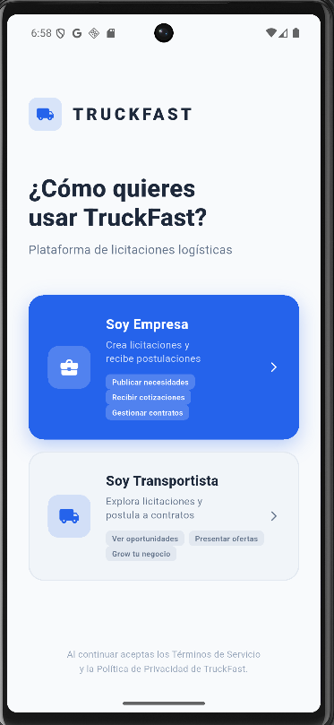 Pantalla de TruckFast para elegir entre empresa con carga y transportista