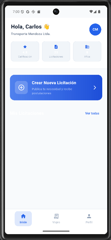 Pantalla de inicio de la aplicación TruckFast