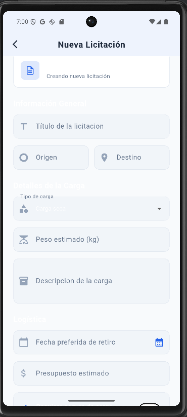 Pantalla de creación de una licitación en TruckFast